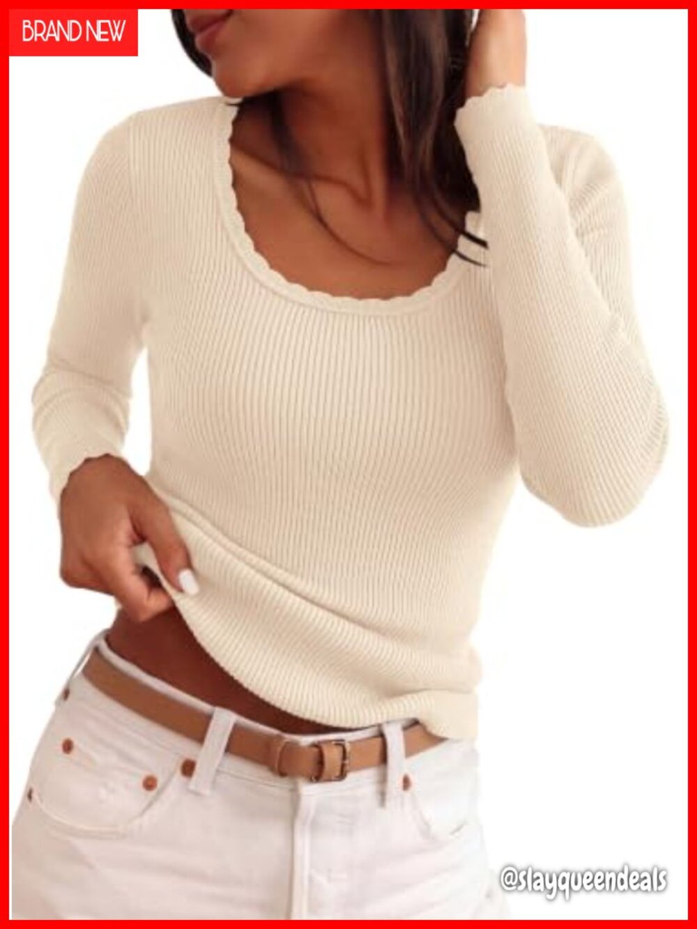 Lightweight Ribbed Knit Scalloped Scoop Neck Pullover Sweater